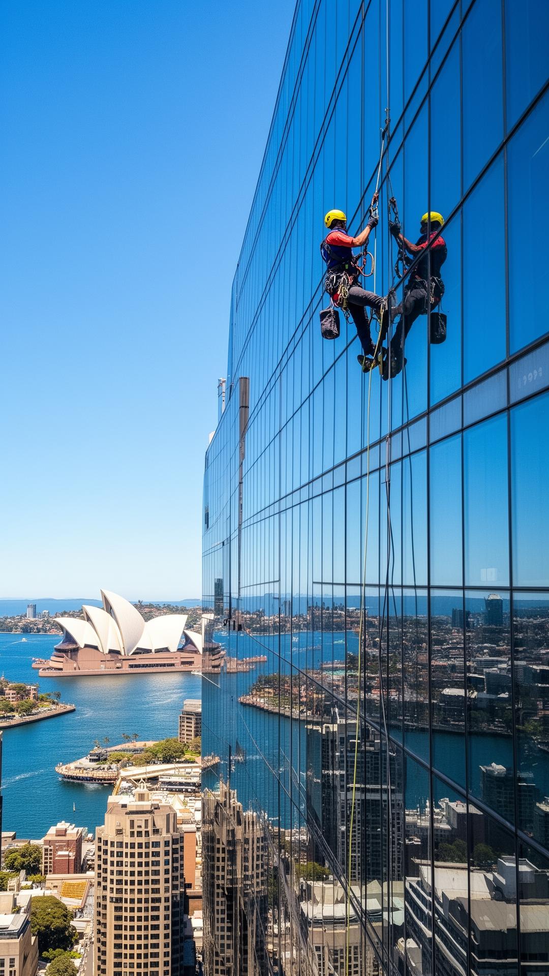 Rope access window cleaner abseiling a Sydney glass skyscraper with the Opera House and harbour beyond
